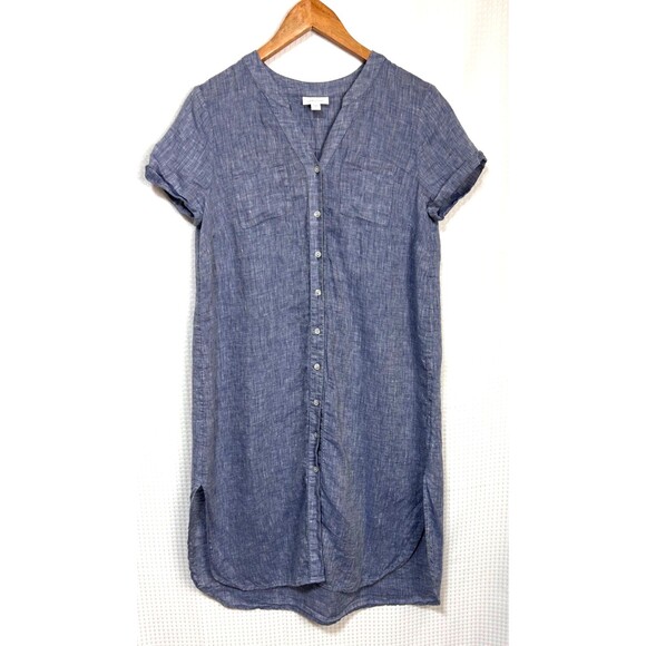 J. Jill Love Linen Button Front Shirt Dress Small Petite SP Chambray Blue Midi g - Picture 2 of 10